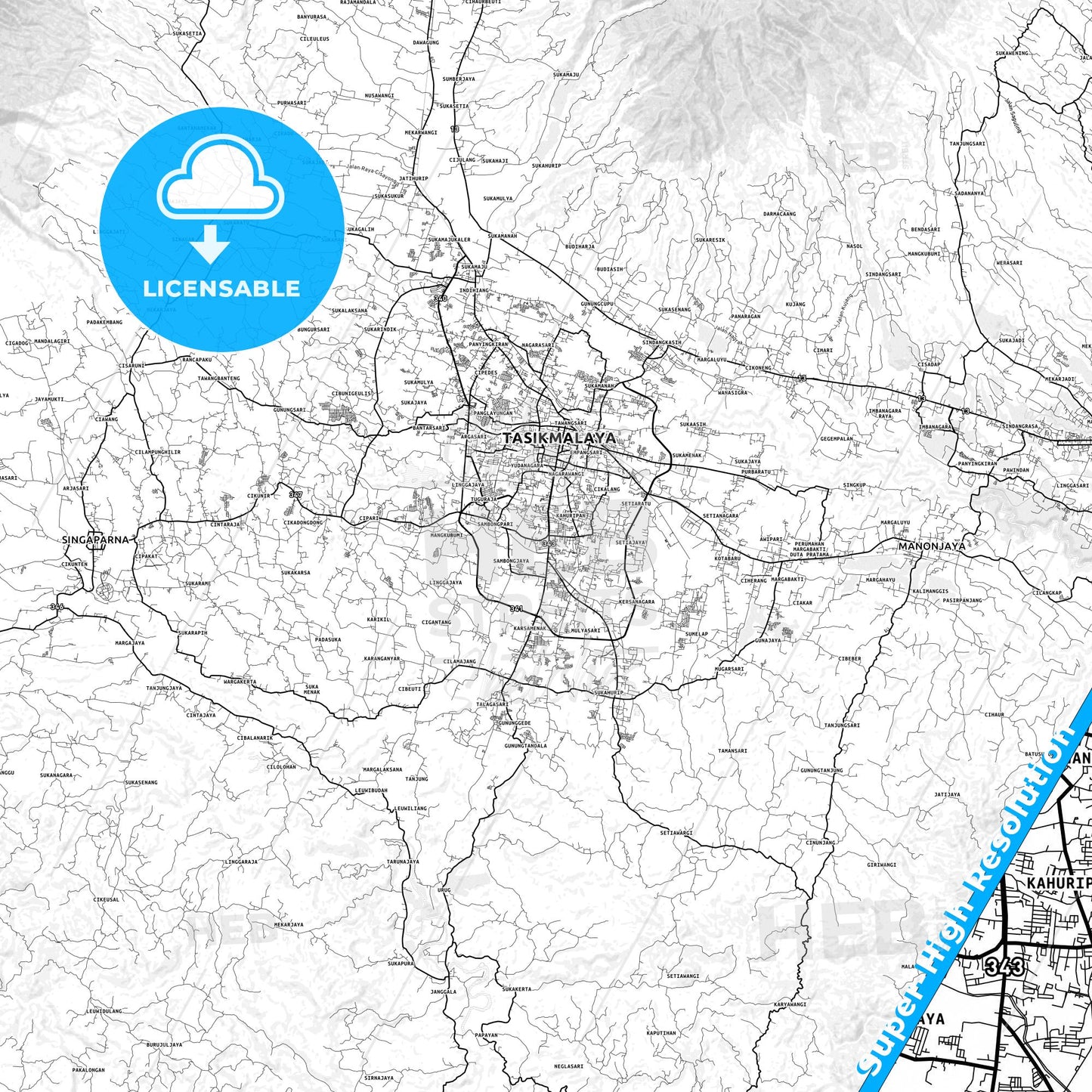 Tasikmalaya, Indonesia light map with streetnames, citynames and districts