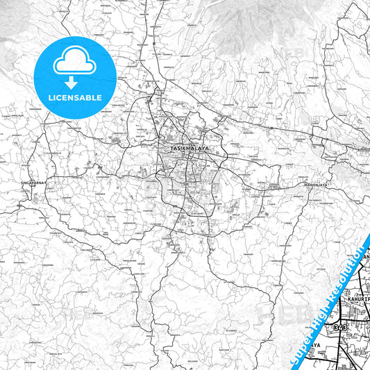 Tasikmalaya, Indonesia light map with streetnames, citynames and districts