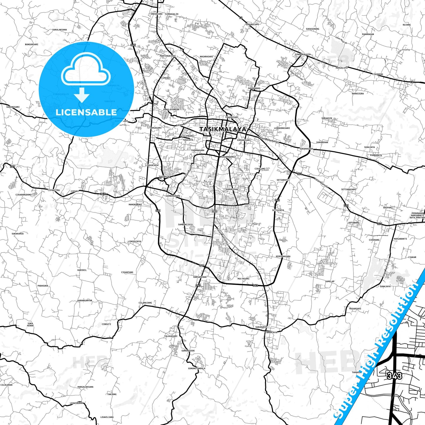 Tasikmalaya, Indonesia Light Map with Street Names, City Names, and Districts
