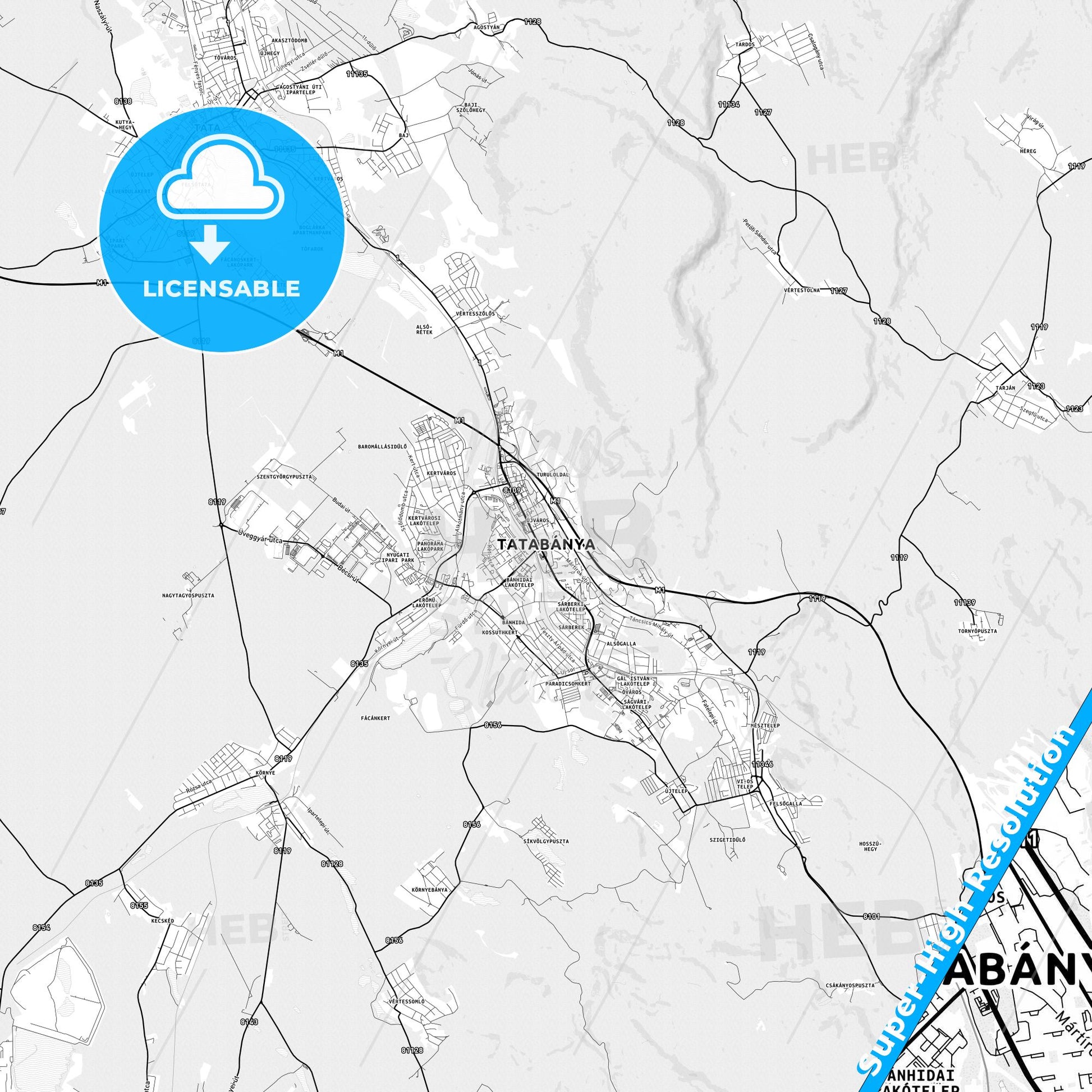 Tatabánya, Hungary light map with streetnames, citynames and districts
