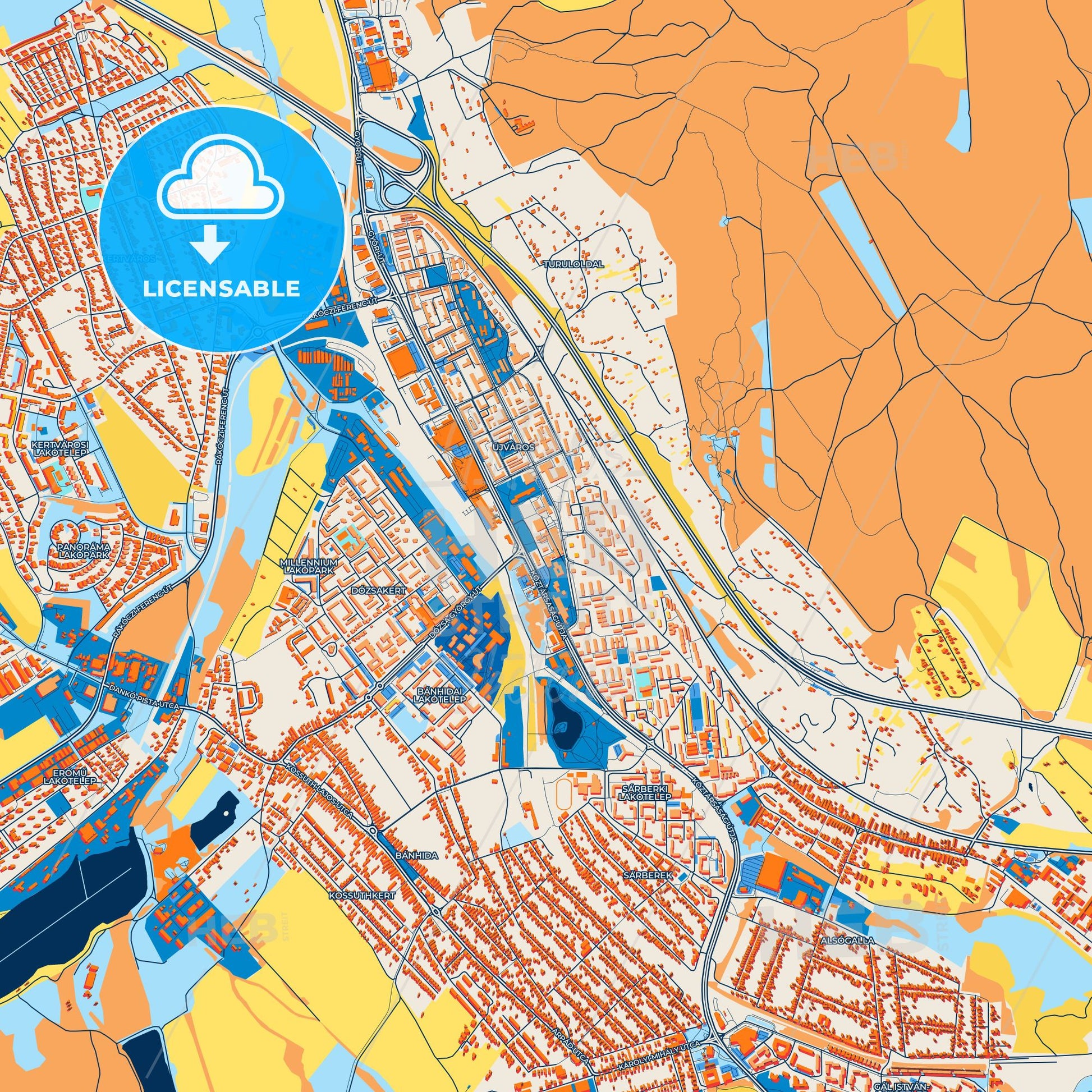 Colorful Tatabánya Street Map with Labels and Buildings
