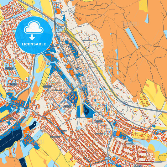 Colorful Tatabánya Street Map with Labels and Buildings