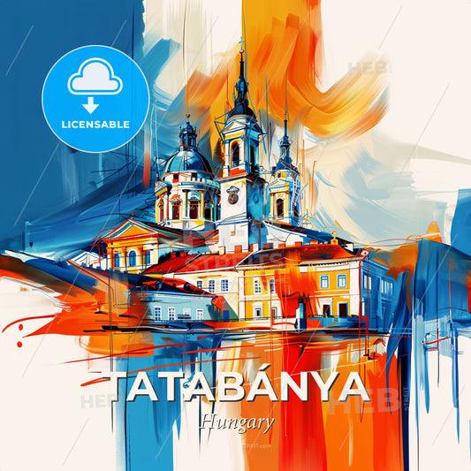 Vibrant Tatabánya, Hungary - A Painting Of A Building With A Tower - Square format print template