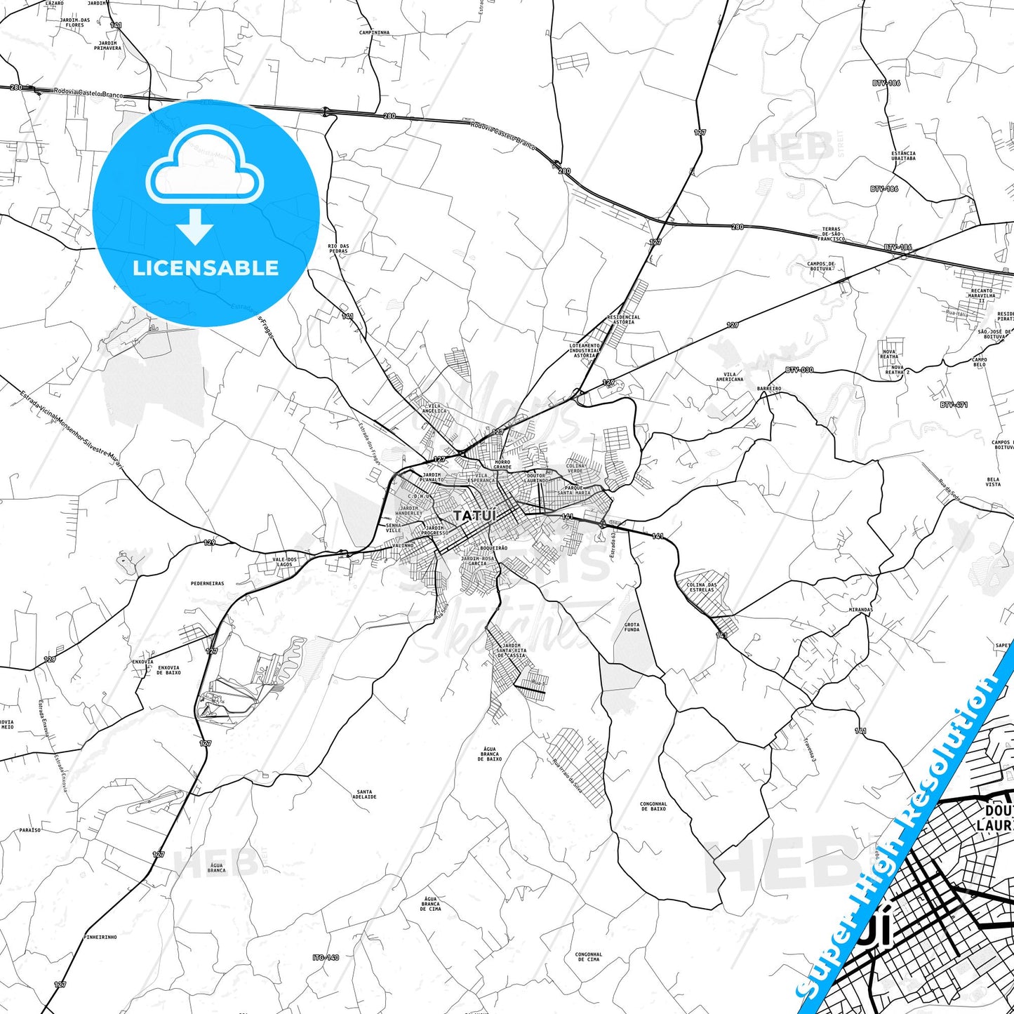 Tatui, Brazil light map with streetnames, citynames and districts