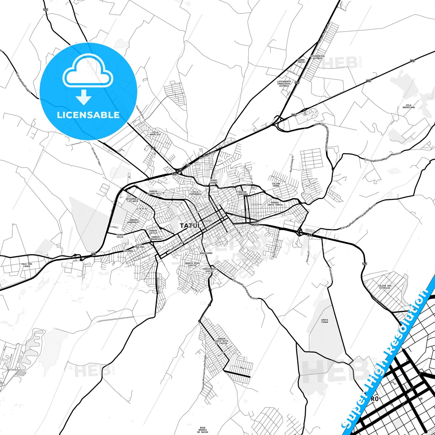 Tatui, Brazil Light Map with Street Names, City Names, and Districts