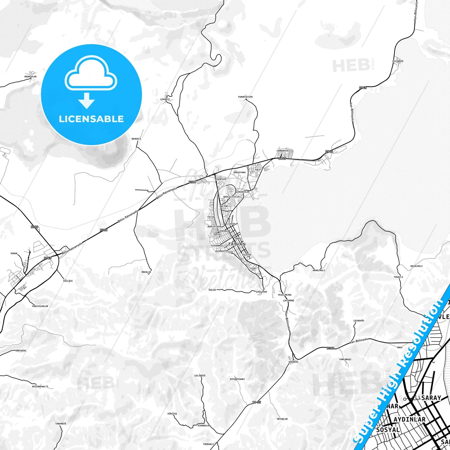 Tatvan, Turkey light map with streetnames, citynames and districts
