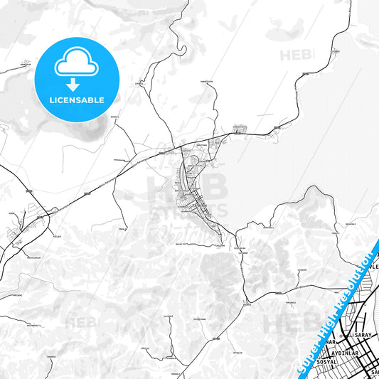 Tatvan, Turkey light map with streetnames, citynames and districts