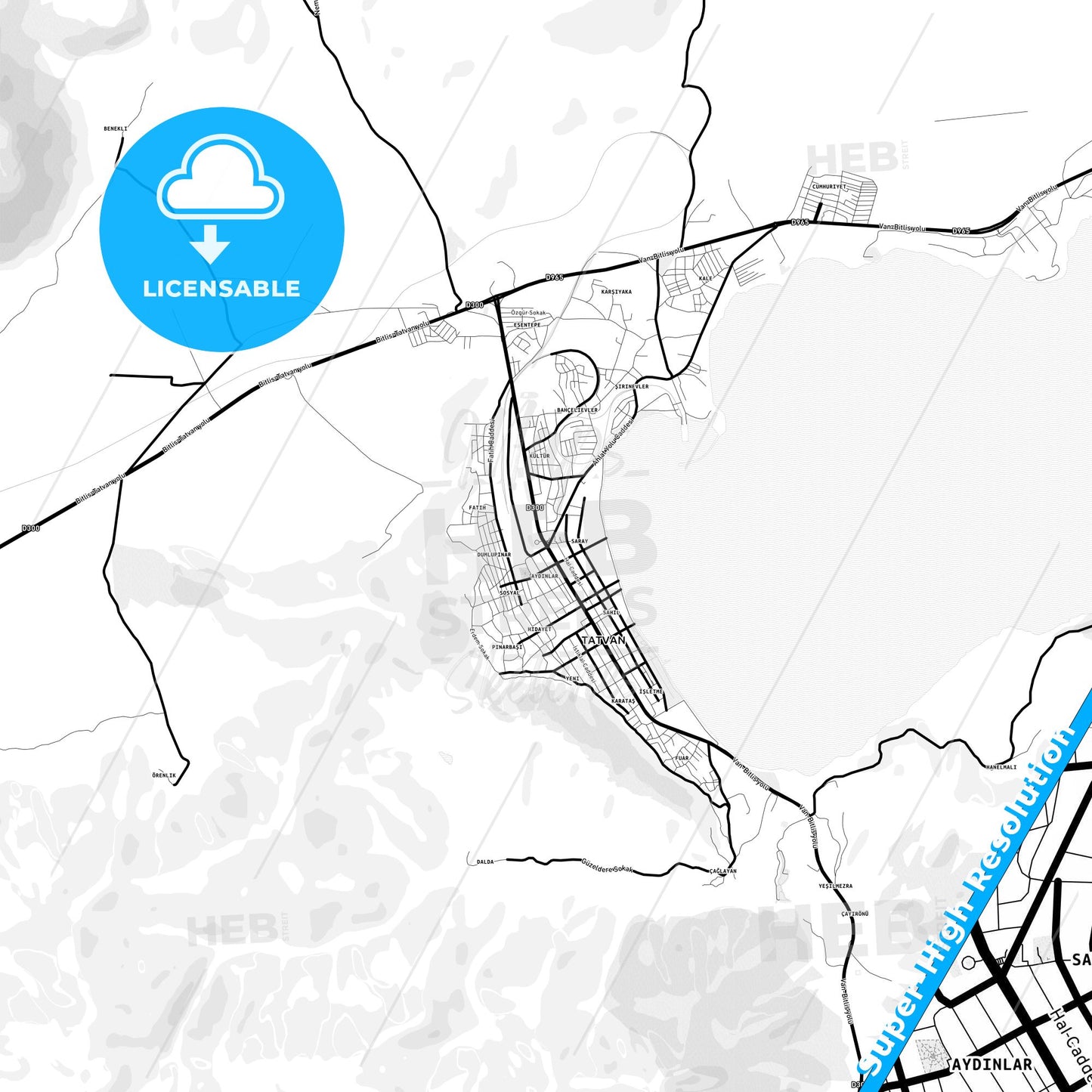 Tatvan, Turkey Light Map with Street Names, City Names, and Districts