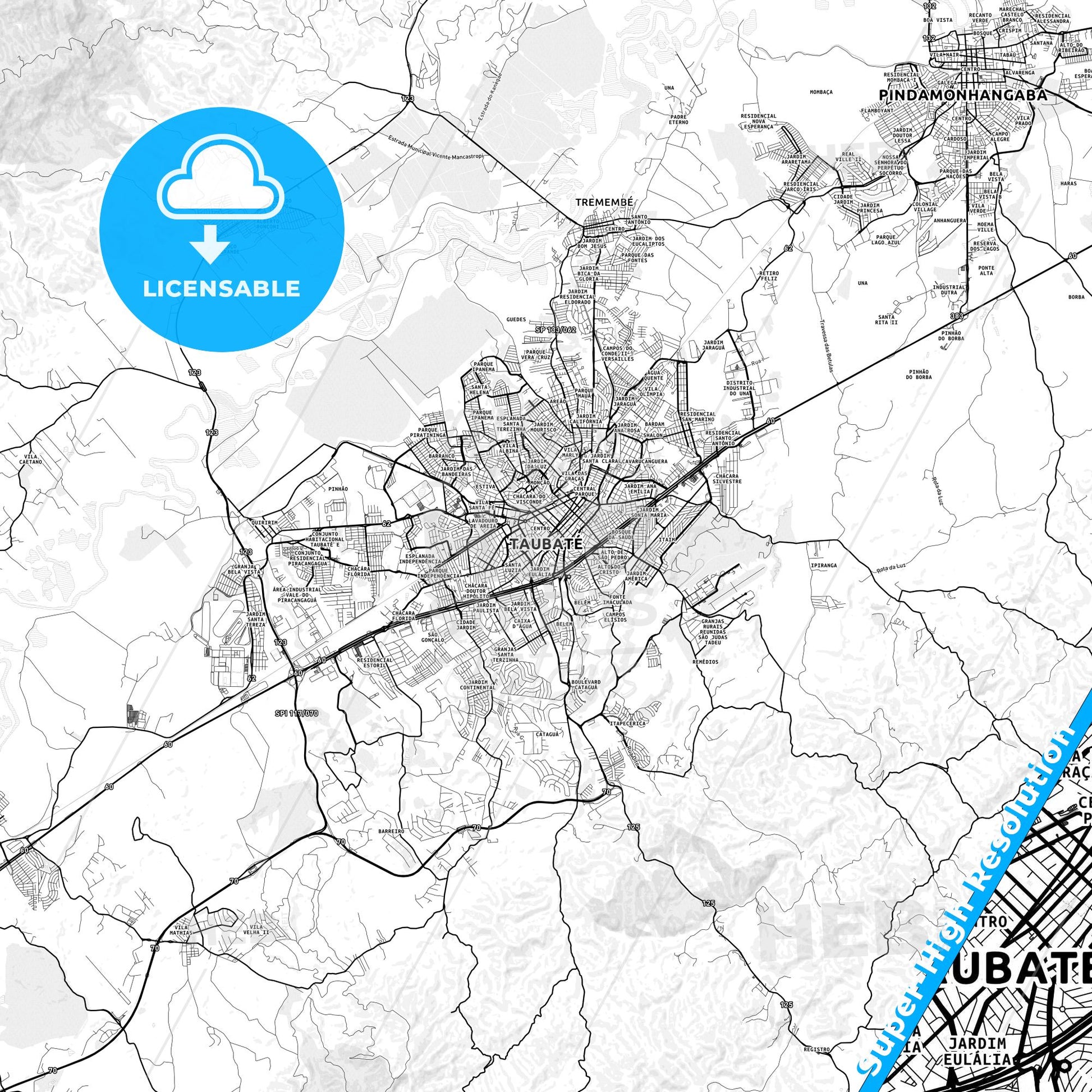 Taubate, Brazil light map with streetnames, citynames and districts