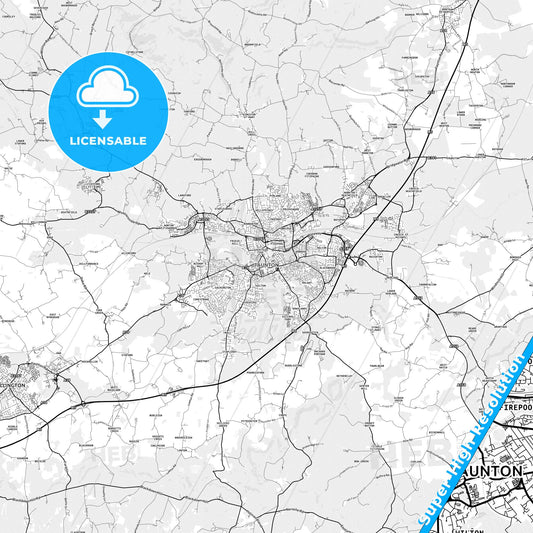 Taunton, England light map with streetnames, citynames and districts