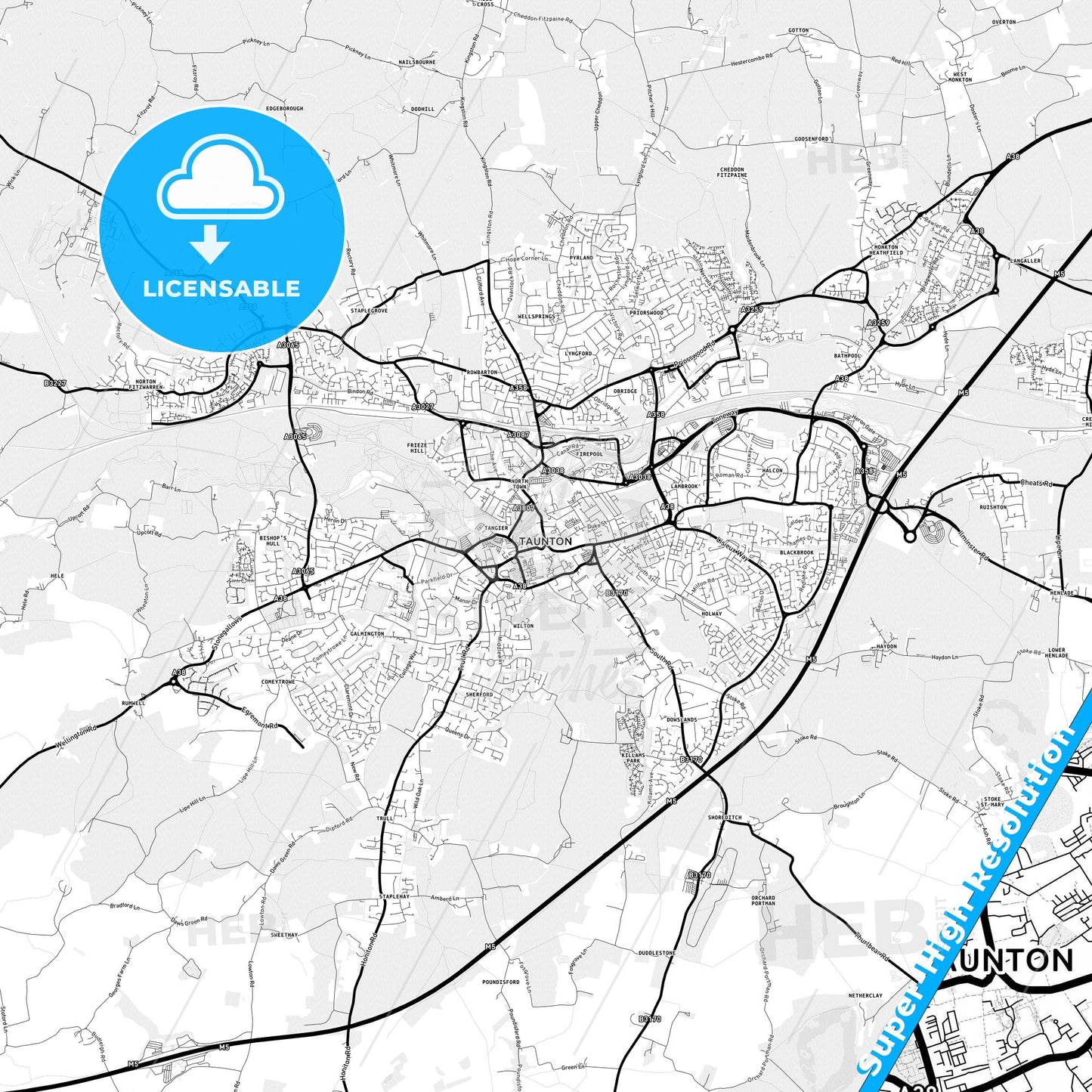 Taunton, England Light Map with Street Names, City Names, and Districts