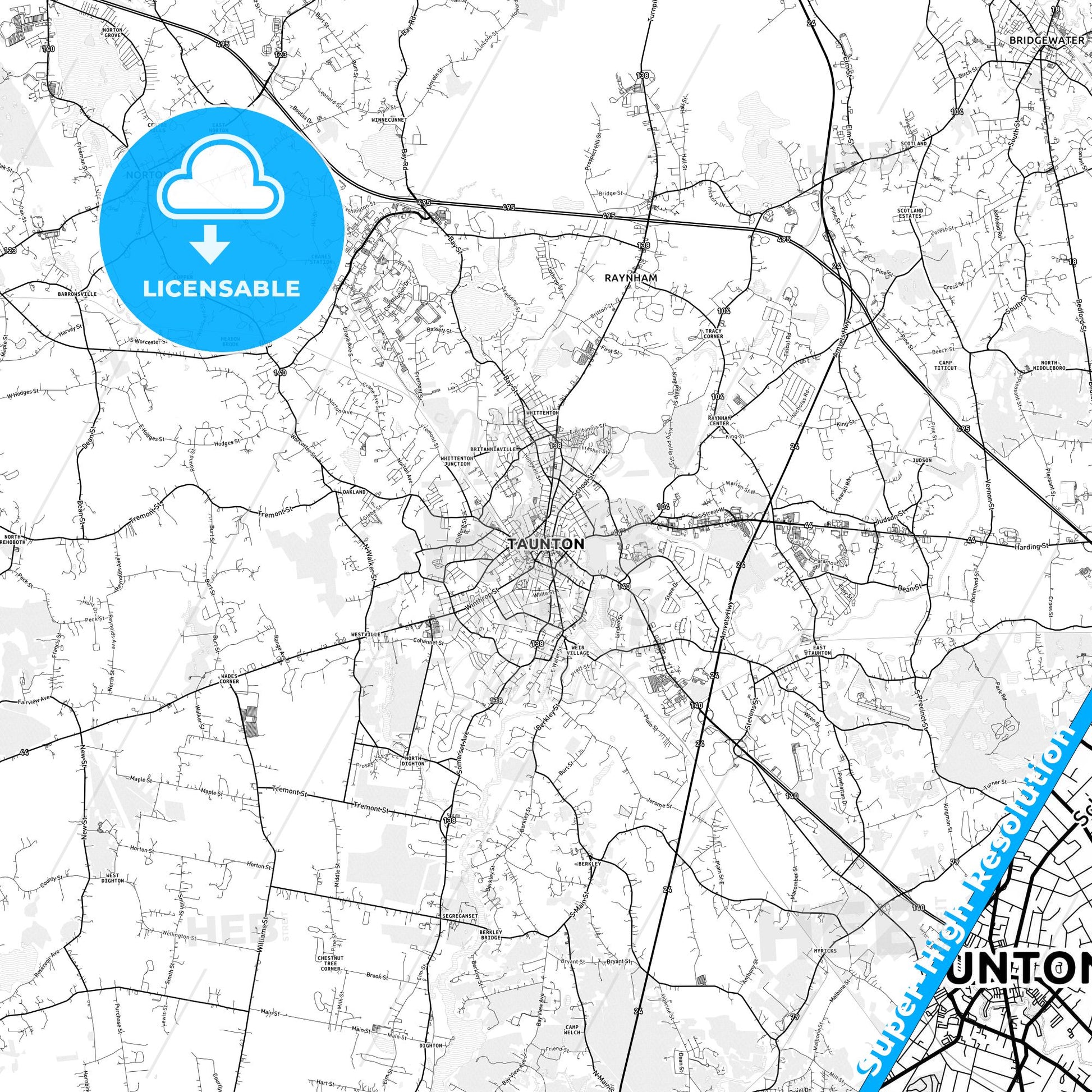 Taunton, Massachusetts light map with streetnames, citynames and districts