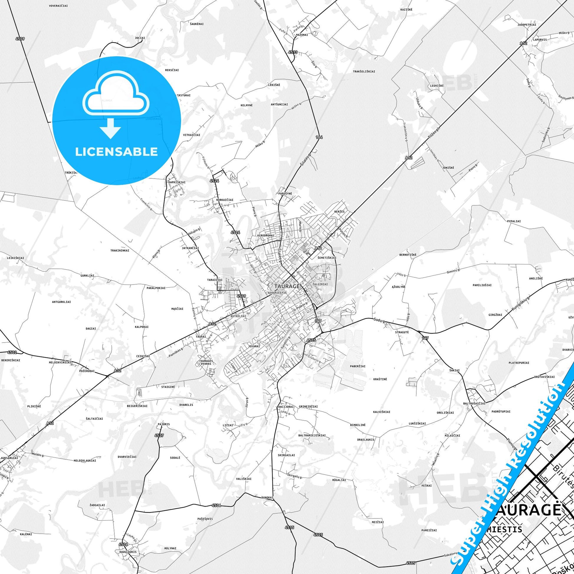 Tauragė, Lithuania light map with streetnames, citynames and districts