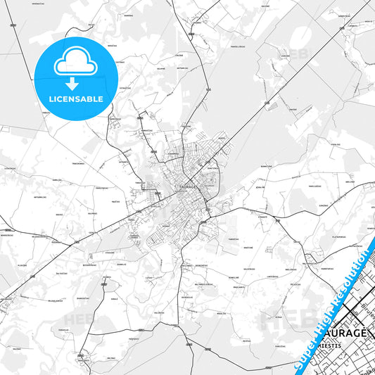 Tauragė, Lithuania light map with streetnames, citynames and districts