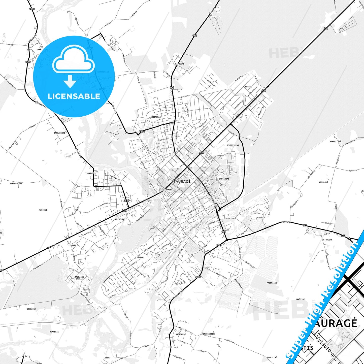 Tauragė, Lithuania Light Map with Street Names, City Names, and Districts