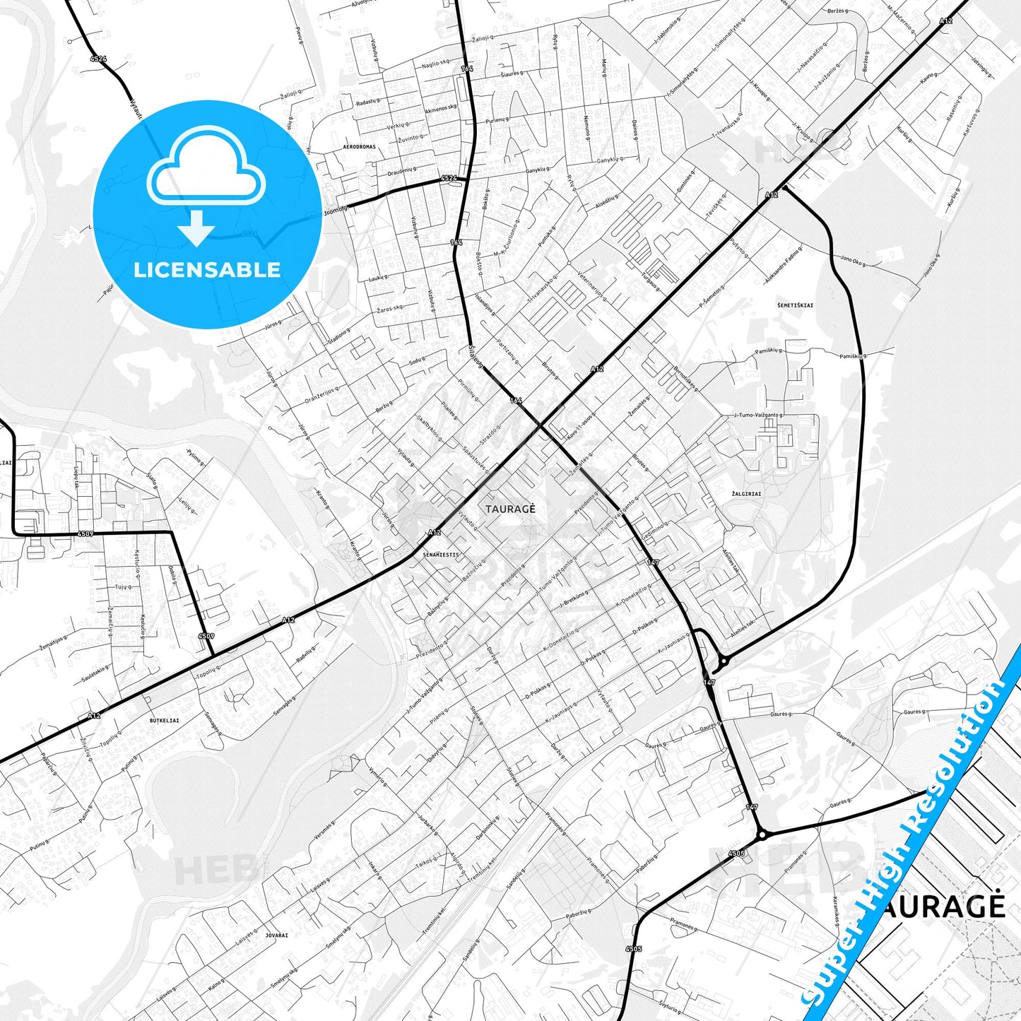 Tauragė, Lithuania Light Map with Street Names, City Names, and Districts