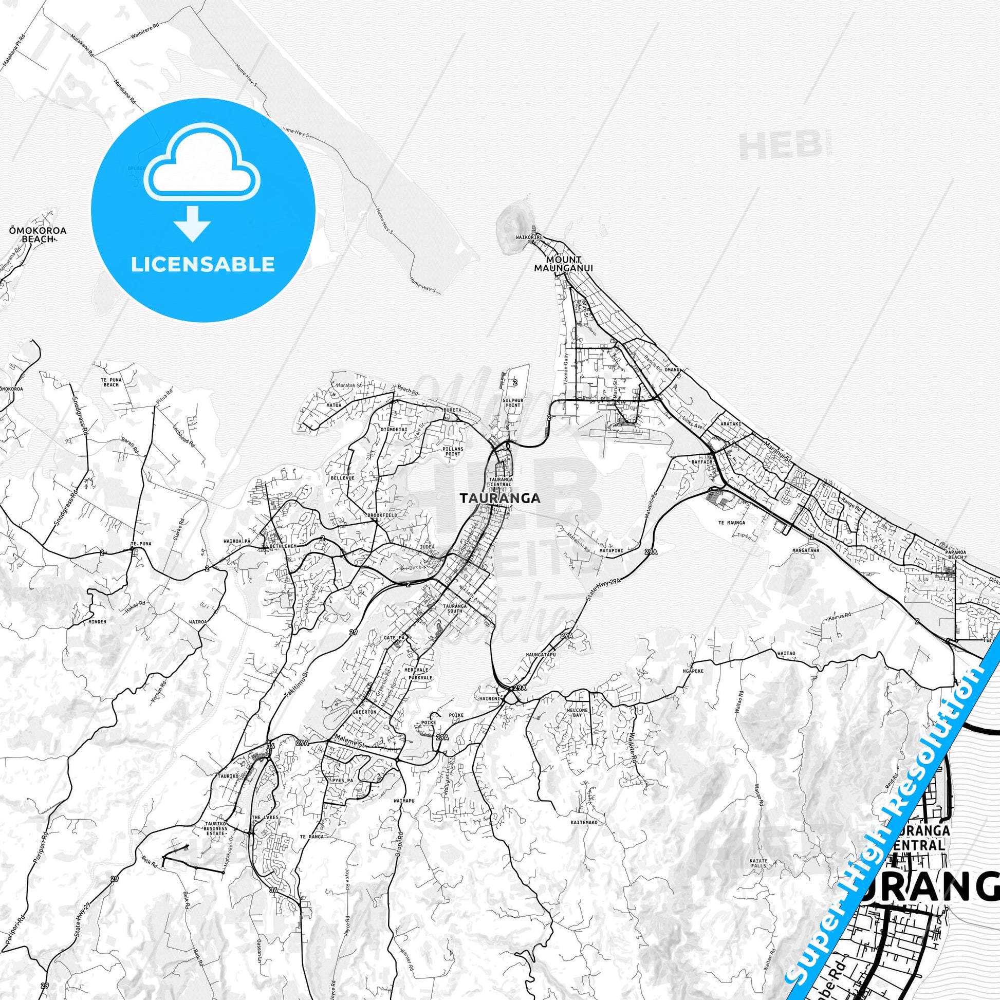Tauranga, New Zealand light map with streetnames, citynames and districts