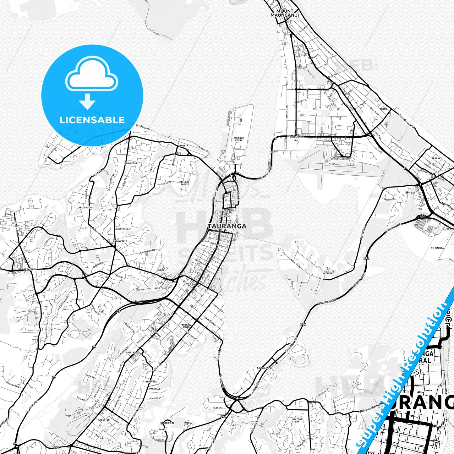 Tauranga, New Zealand Light Map with Street Names, City Names, and Districts