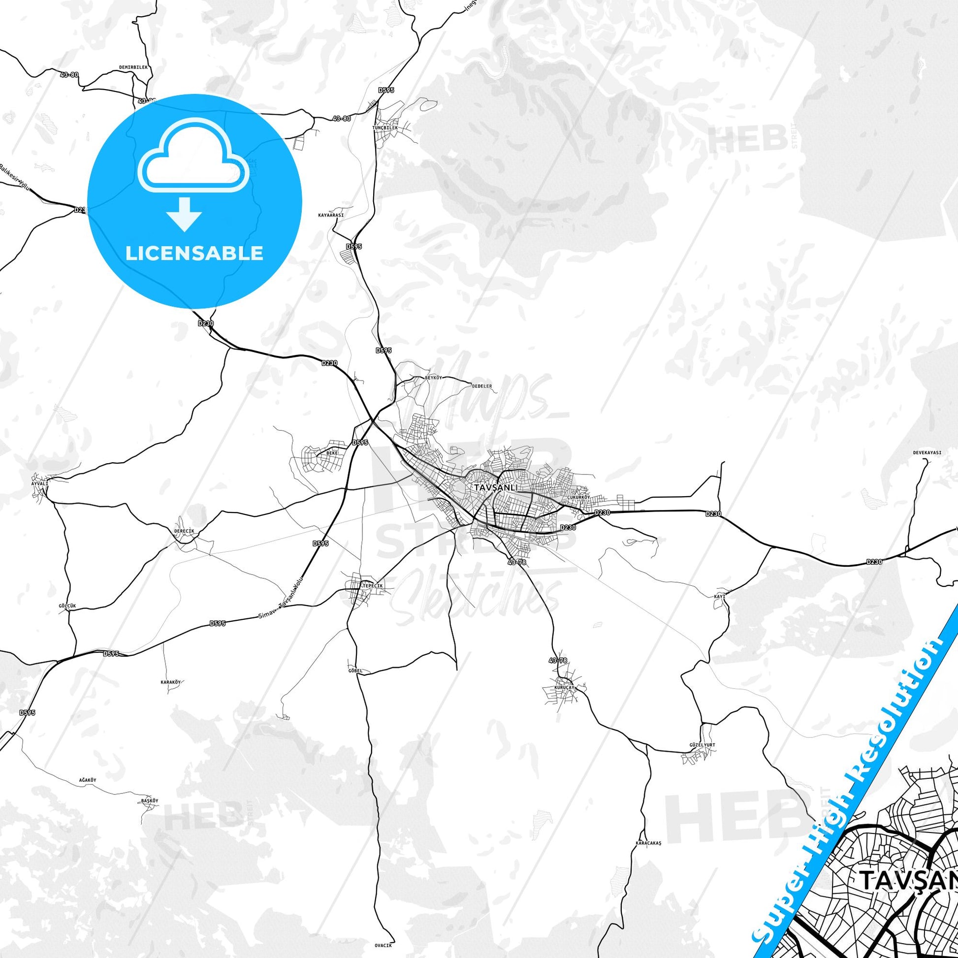 Tavşanlı, Turkey light map with streetnames, citynames and districts