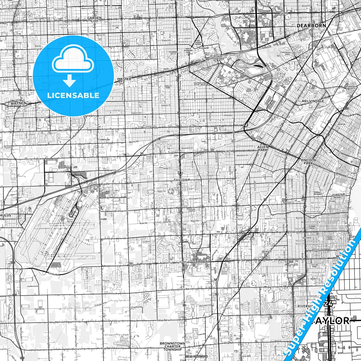 Taylor, Michigan light map with streetnames, citynames and districts