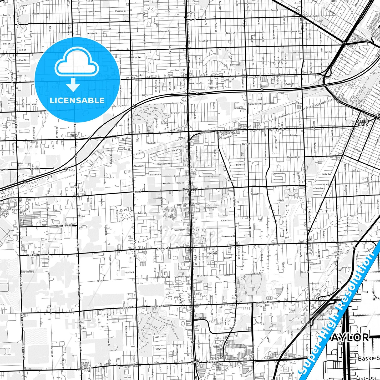 Taylor, Michigan Light Map with Street Names, City Names, and Districts