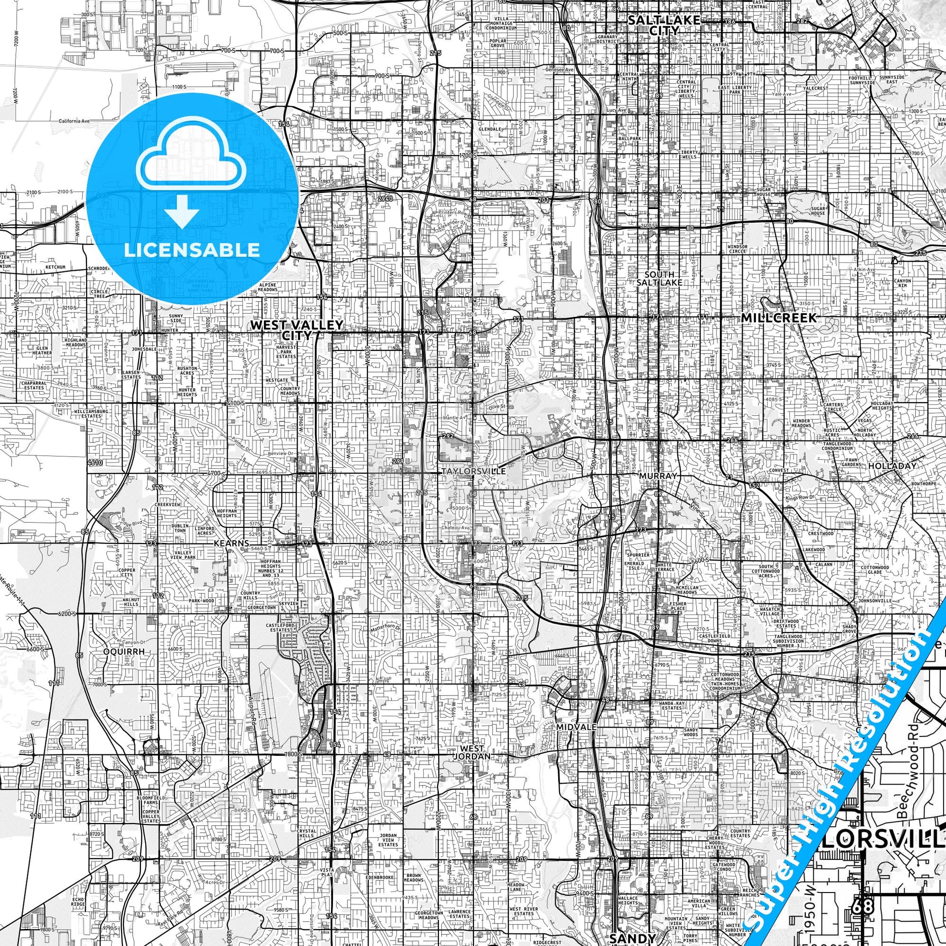 Taylorsville, Utah light map with streetnames, citynames and districts
