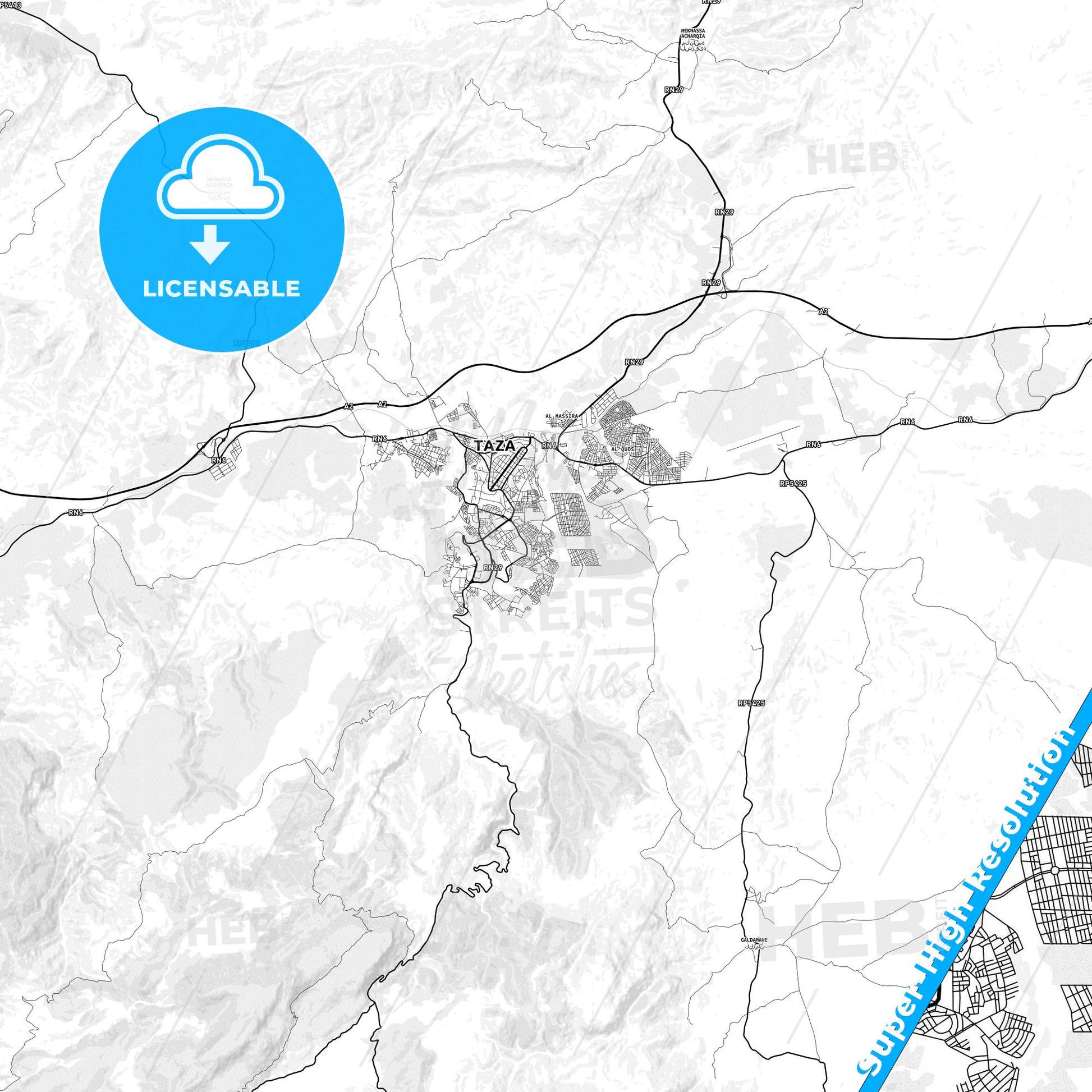 Taza, Morocco light map with streetnames, citynames and districts