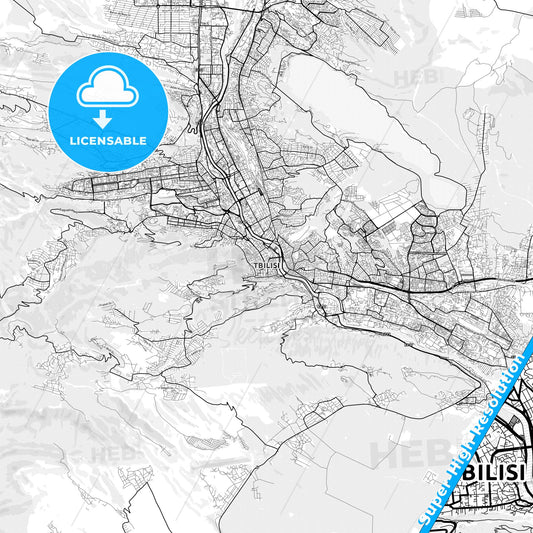 Tbilisi, Georgia light map with streetnames, citynames and districts