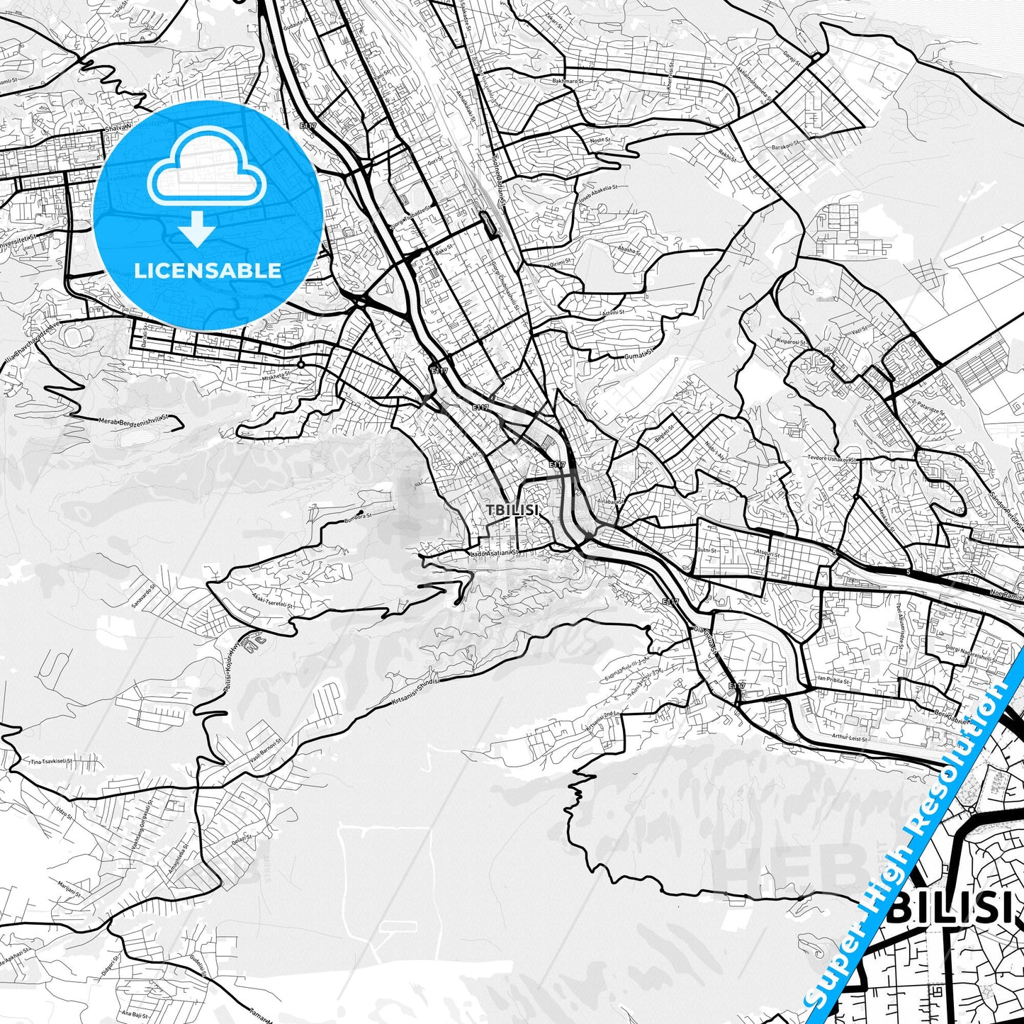 Tbilisi, Georgia Light Map with Street Names, City Names, and Districts