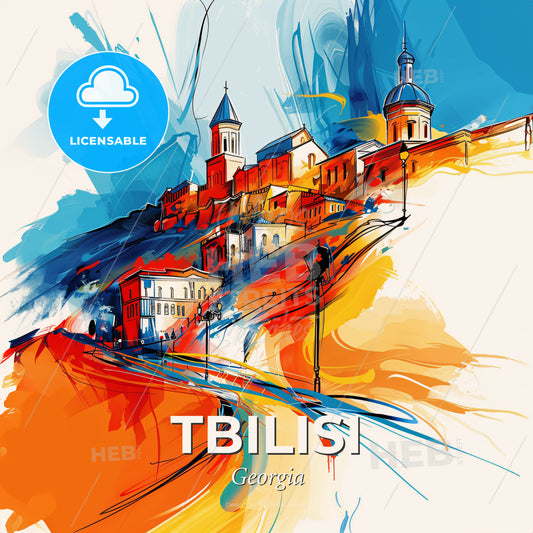 Vibrant Tbilisi, Georgia - A Painting Of A Town On A Hill - Square format print template