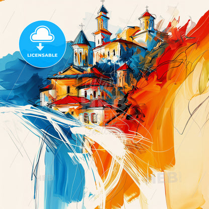 Vibrant Tbilisi, Georgia - A Painting Of A Building With Towers And A Red And Blue Sky