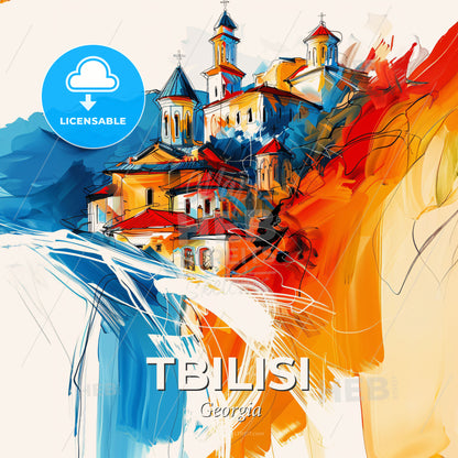Vibrant Tbilisi, Georgia - A Painting Of A Building With Towers And A Red And Blue Sky - Square format print template
