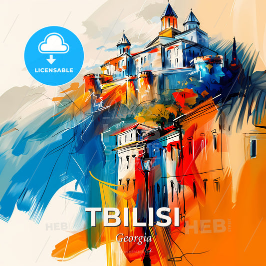 Vibrant Tbilisi, Georgia - A Painting Of A Castle On A Hill - Square format print template