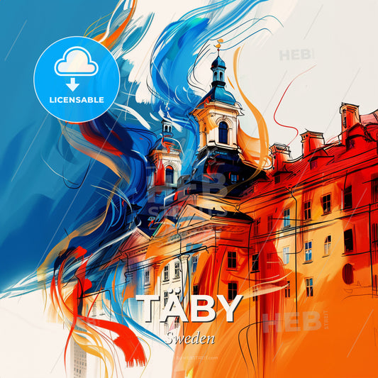 Vibrant Täby, Sweden - A Painting Of A Building With A Blue And Orange Background - Square format print template