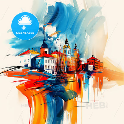 Vibrant Täby, Sweden - A Painting Of Buildings And A Colorful Sky