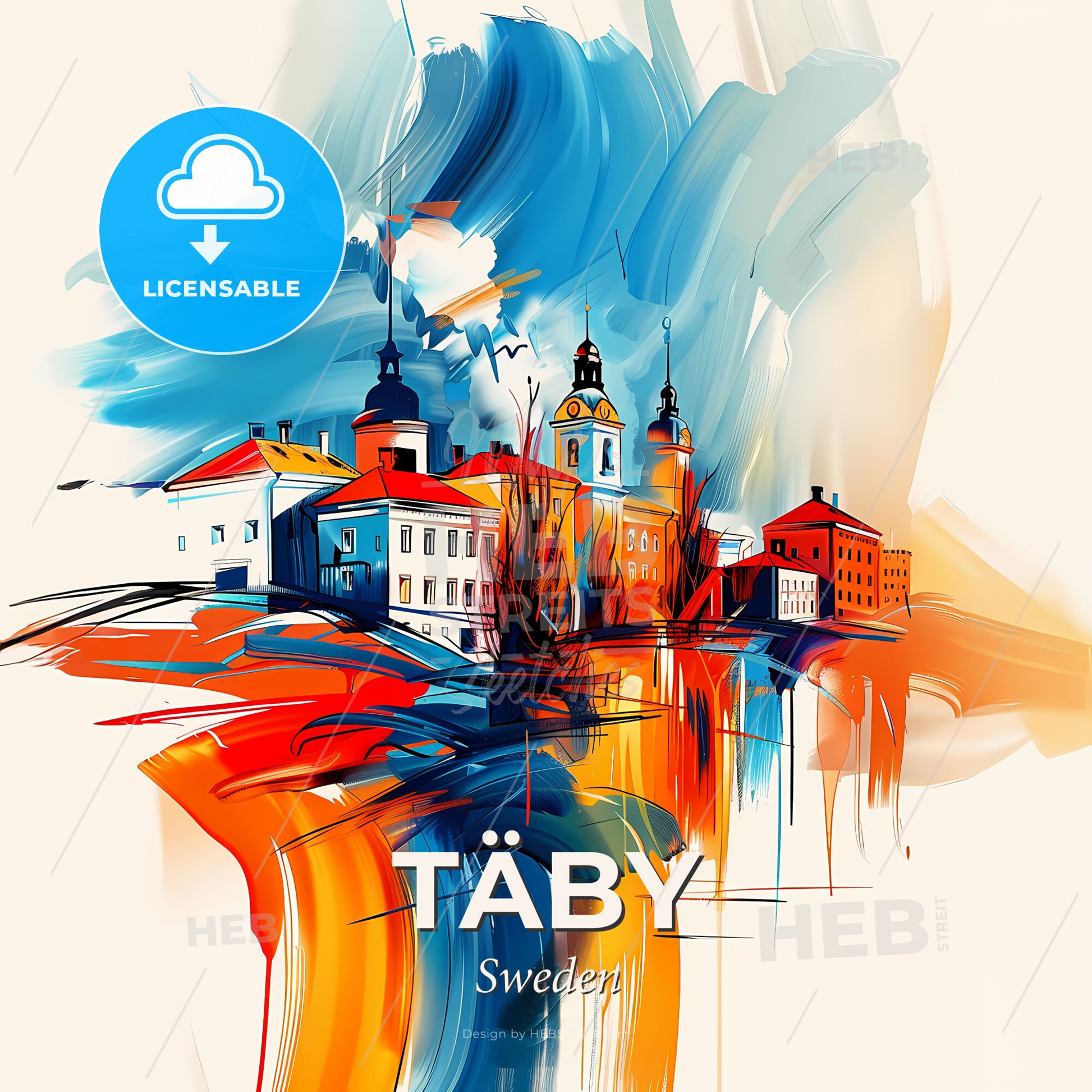 Vibrant Täby, Sweden - A Painting Of Buildings And A Colorful Sky - Square format print template