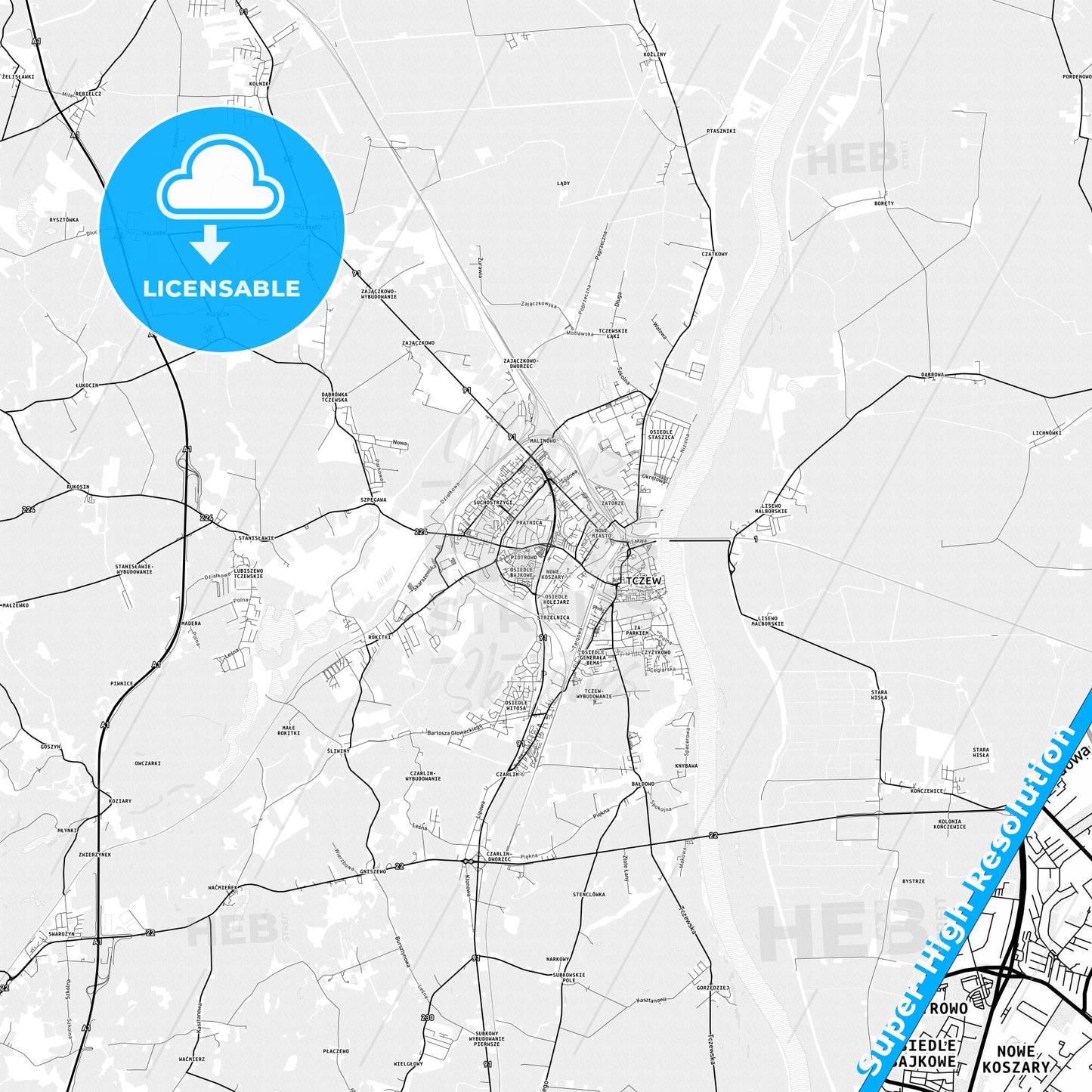 Tczew, Poland light map with streetnames, citynames and districts