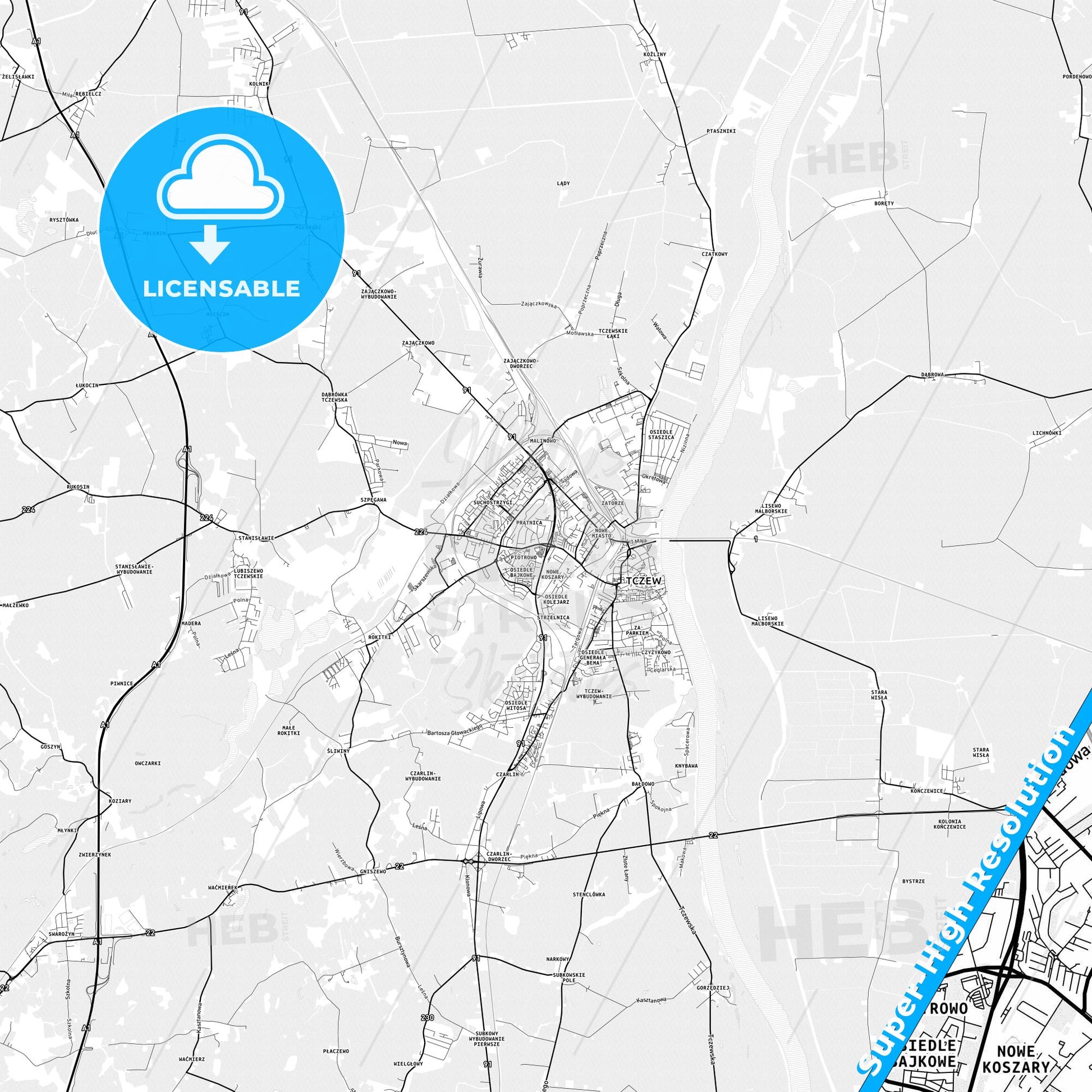 Tczew, Poland light map with streetnames, citynames and districts