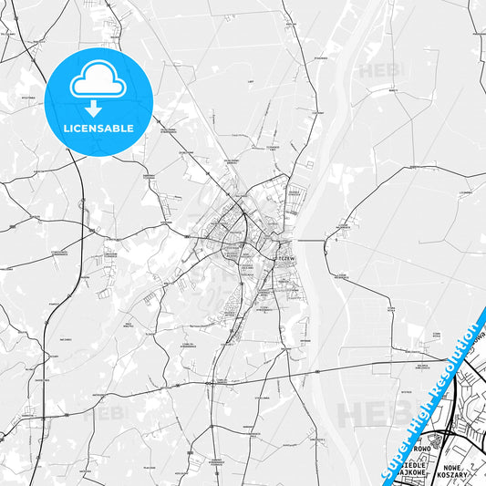 Tczew, Poland light map with streetnames, citynames and districts
