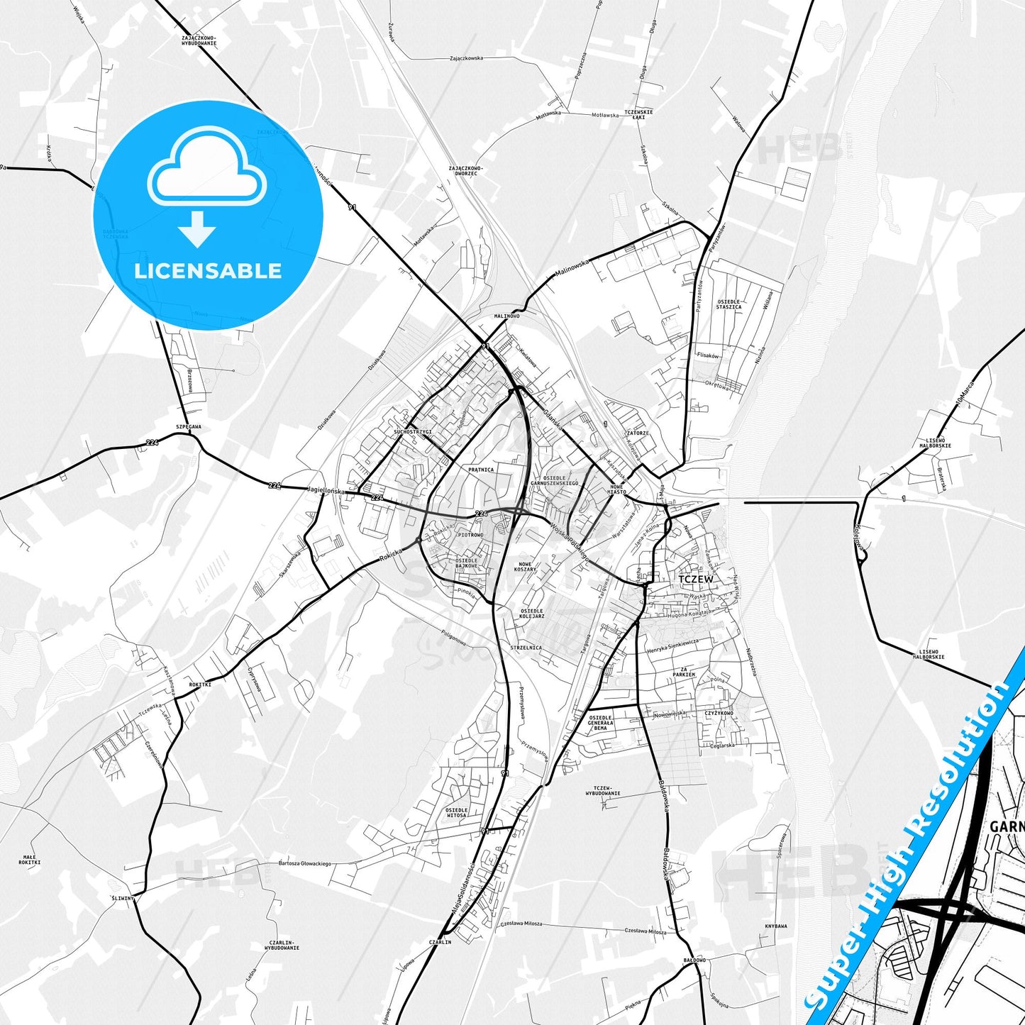 Tczew, Poland Light Map with Street Names, City Names, and Districts