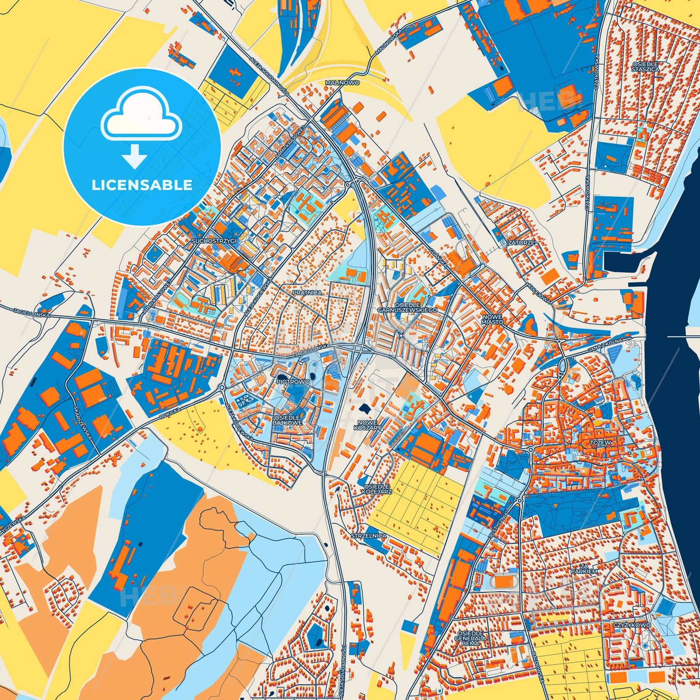Colorful Tczew Street Map with Labels and Buildings