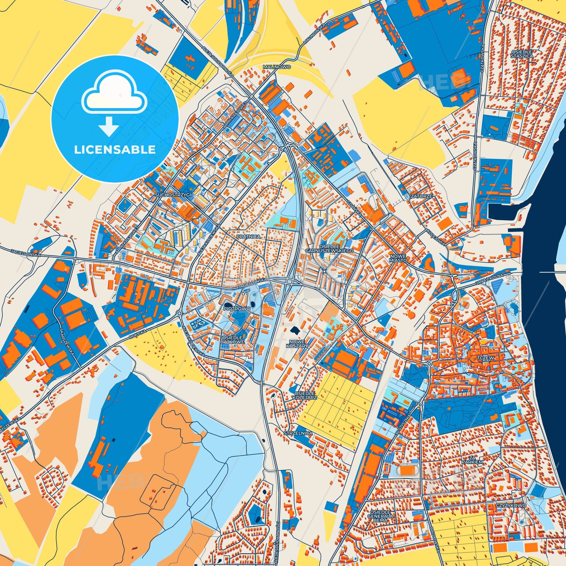 Colorful Tczew Street Map with Labels and Buildings