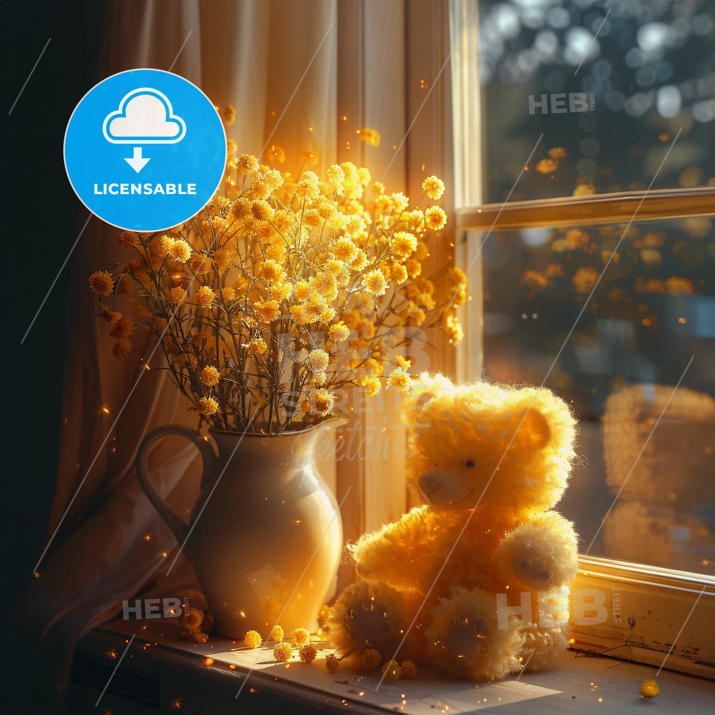 Tea Time with Teddy Bears - A teddy bear sitting on a window sill next to a vase of flowers