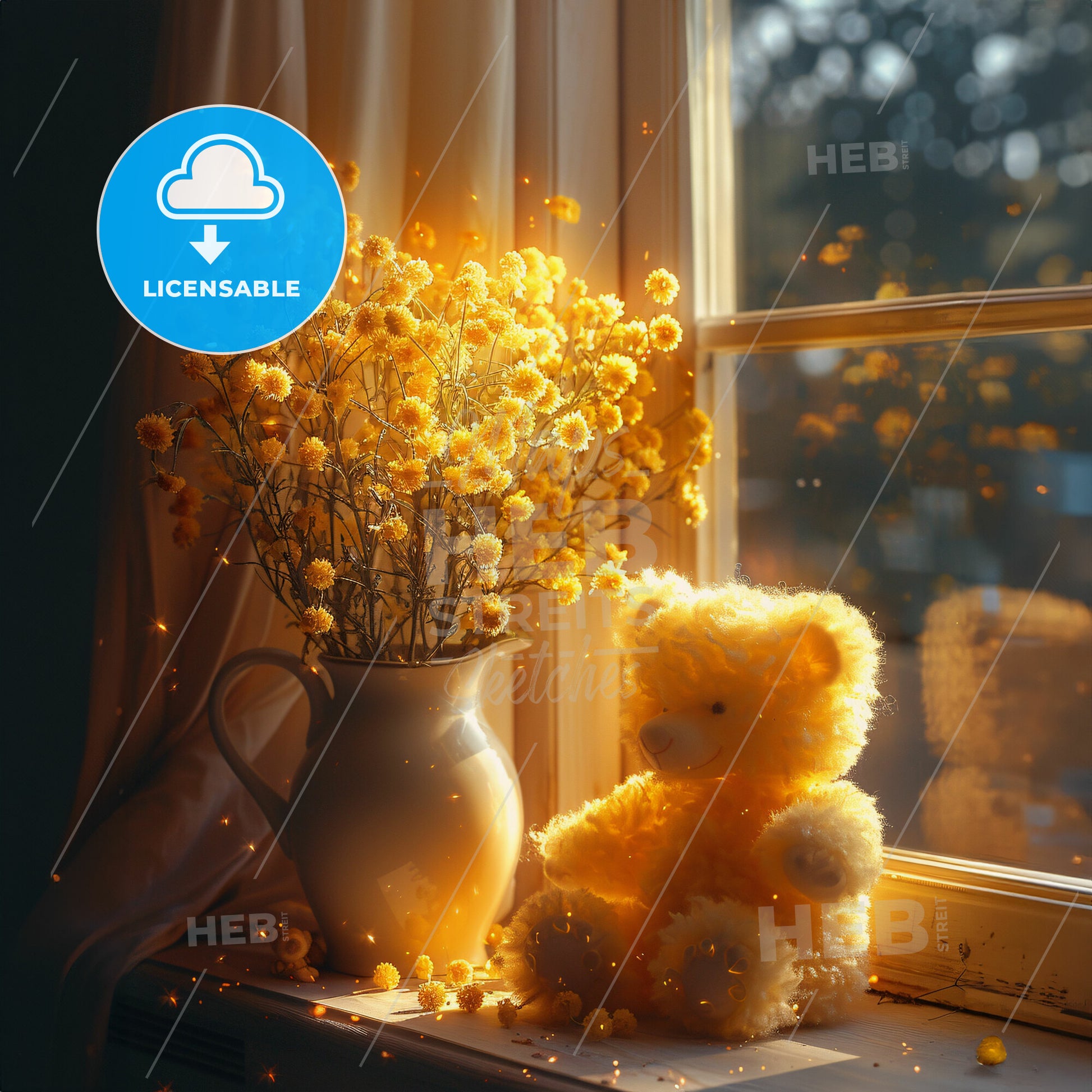 Tea Time with Teddy Bears - A teddy bear sitting on a window sill next to a vase of flowers