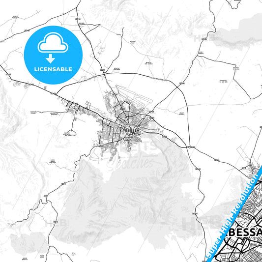 Tebessa, Algeria light map with streetnames, citynames and districts
