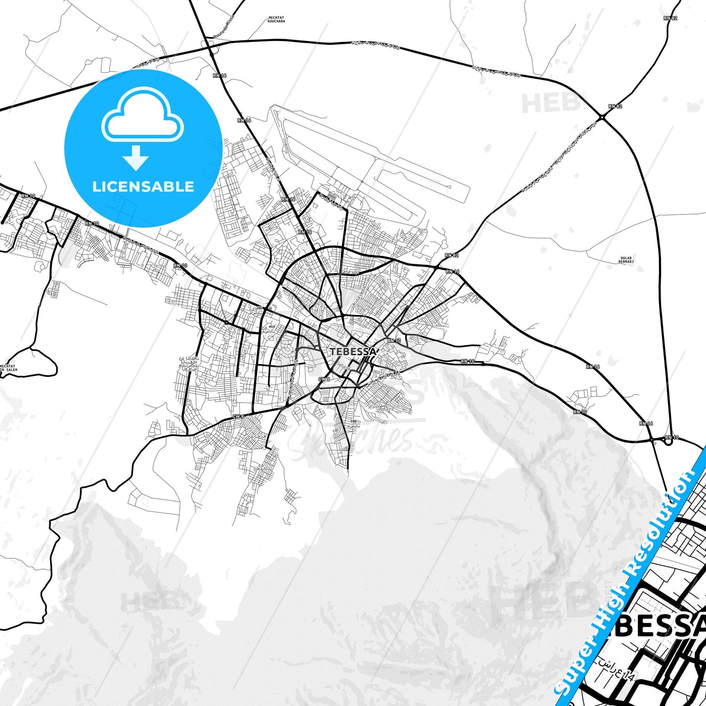 Tebessa, Algeria Light Map with Street Names, City Names, and Districts