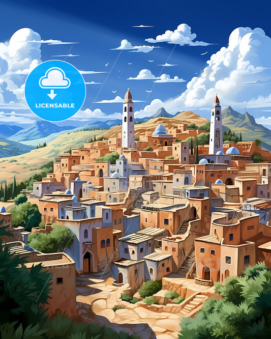 Vibrant Painting of Tebessa, Algeria Skyline in Cartoon Style