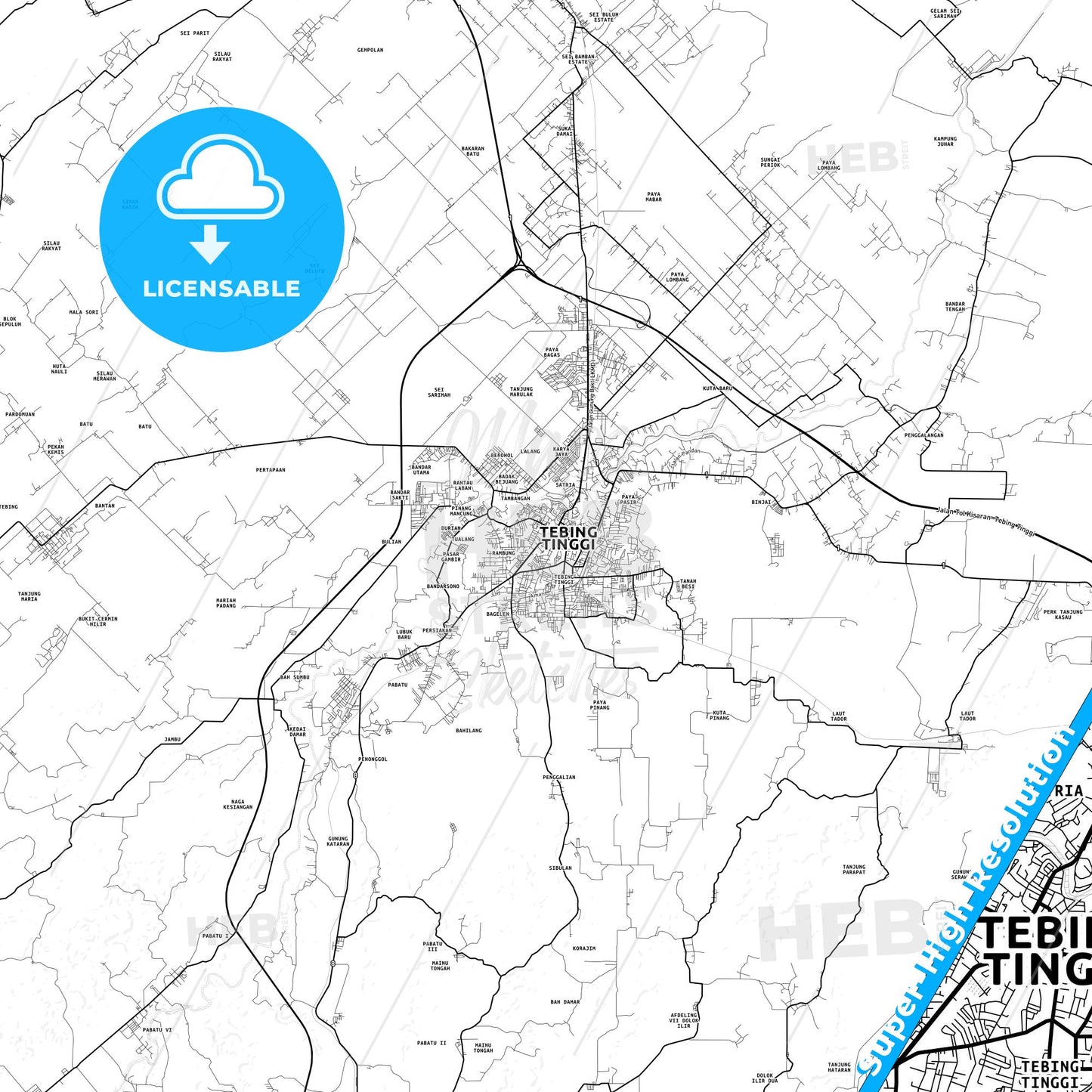 Tebing Tinggi, Indonesia light map with streetnames, citynames and districts