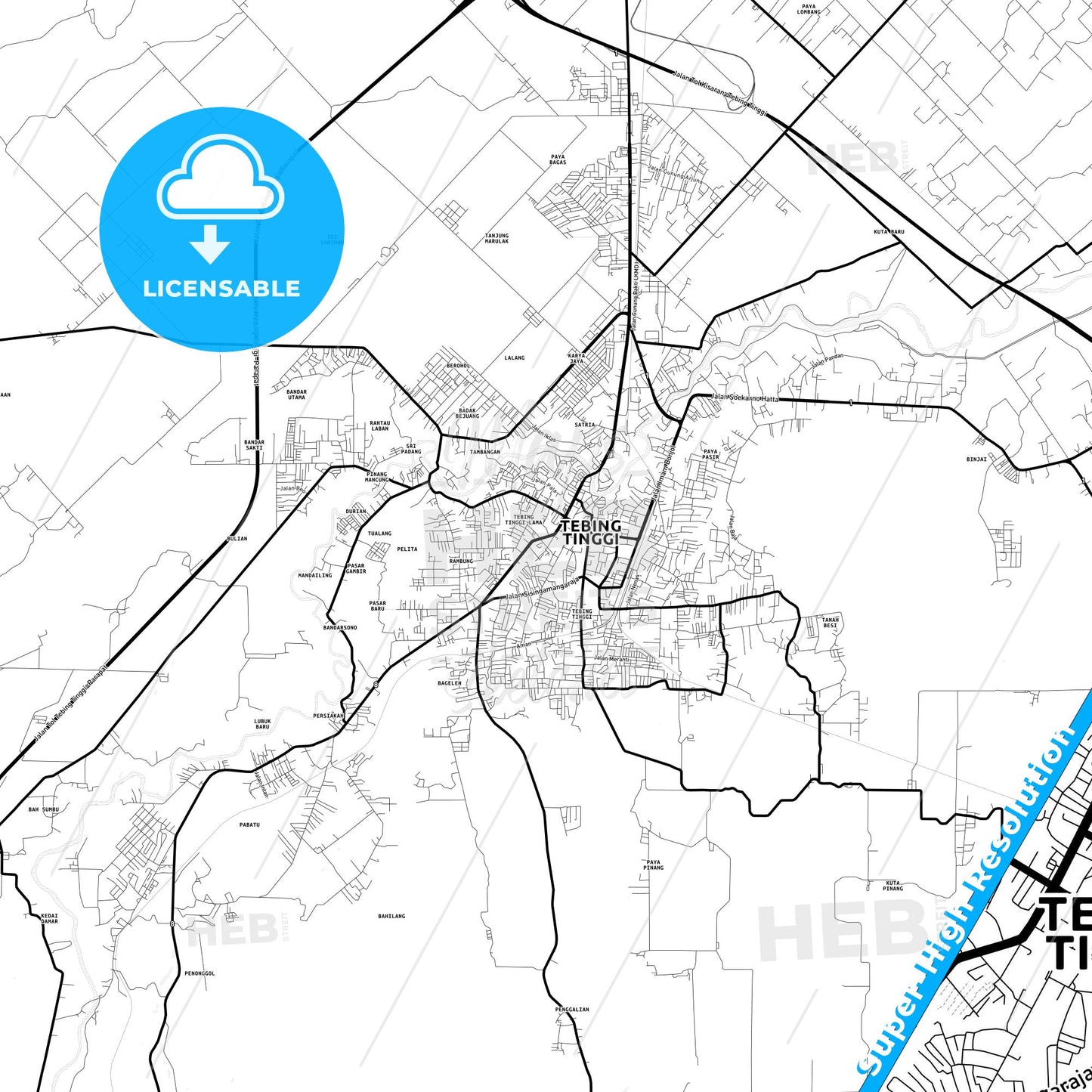Tebing Tinggi, Indonesia Light Map with Street Names, City Names, and Districts