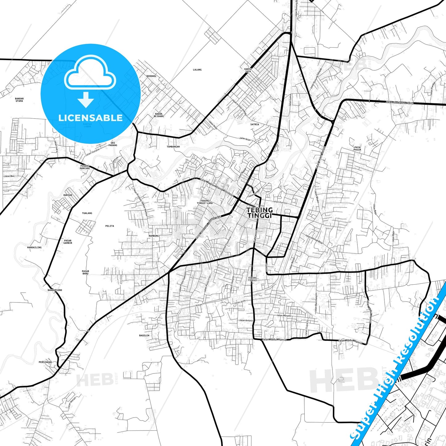 Tebing Tinggi, Indonesia Light Map with Street Names, City Names, and Districts